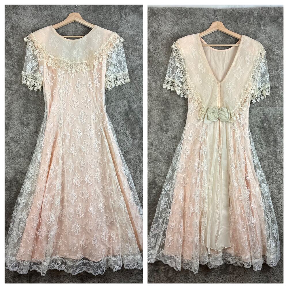 Vintage 80s Pink Peach Lace Dress Victorian Frilly Rosette Coquette Cottage Prom